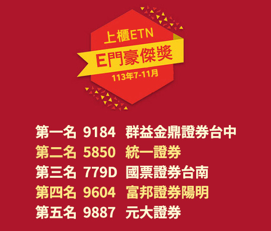 E門豪傑獎競賽龍虎榜 (113年7-11月)：第一名 9184 群益金鼎證券台中 、第二名 5850 統一證券 、第三名 779D 國票證券台南、第四名 9604 富邦證券陽明 、第五名 9887 元大證券